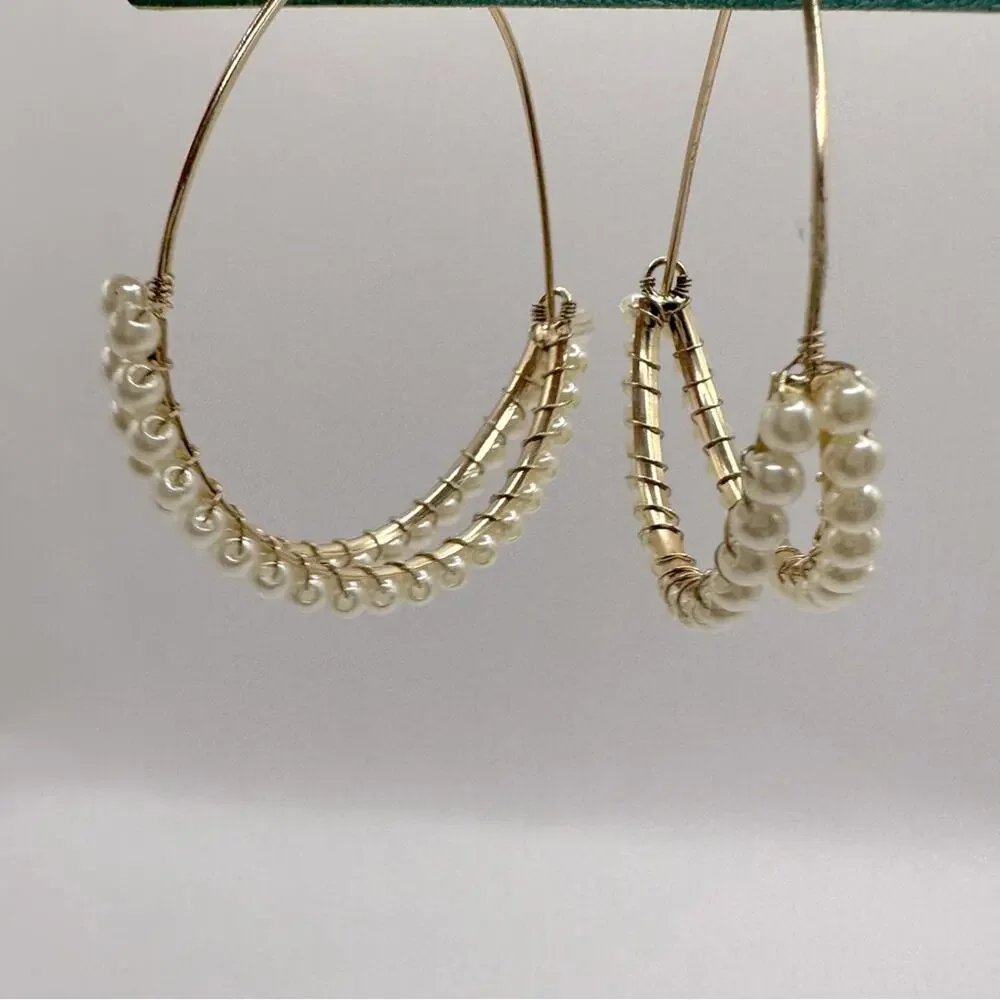Everri Statement Pearl Gold tone Drop Hoop Earrings NWT
